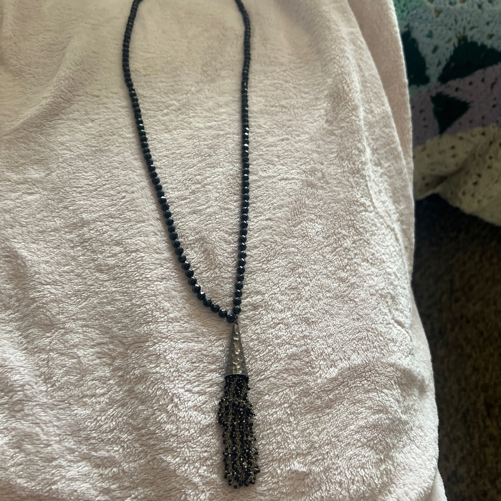 Elegant Black Beaded Necklace with Tassel